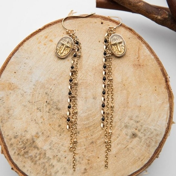 Handcrafted 18KGP Brass Cross Medallion Earrings - Picture 3 of 5